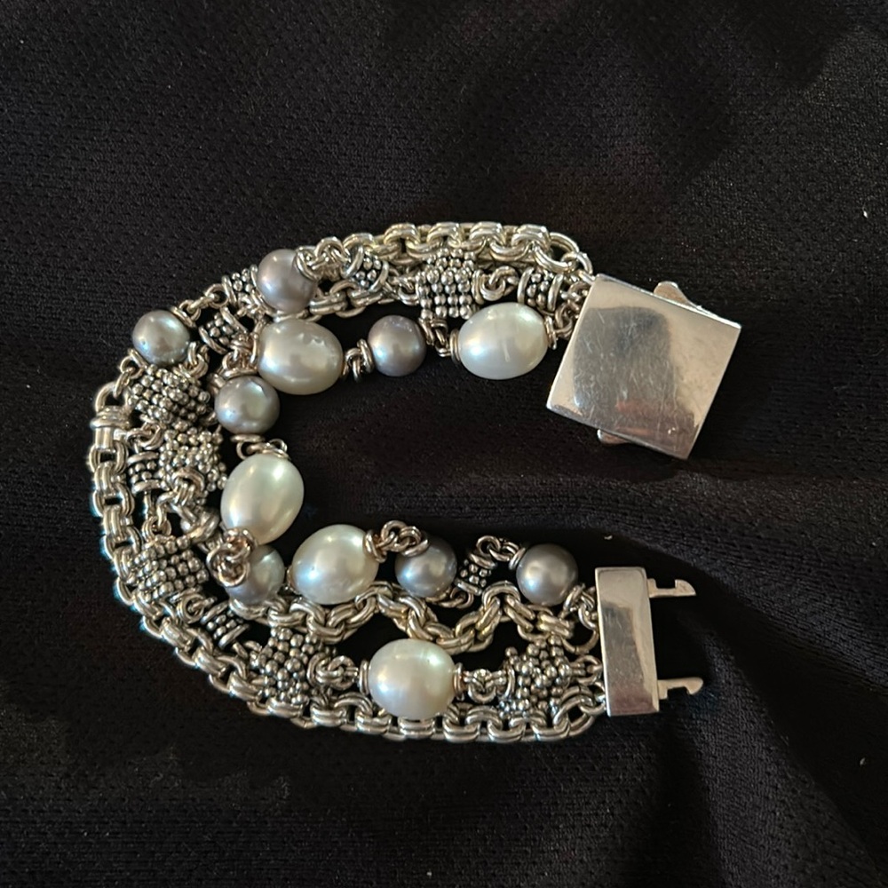 Michael Dawkins 4-Strand Grey and White Pearl Sterling Silver Bracelet, 7 inch